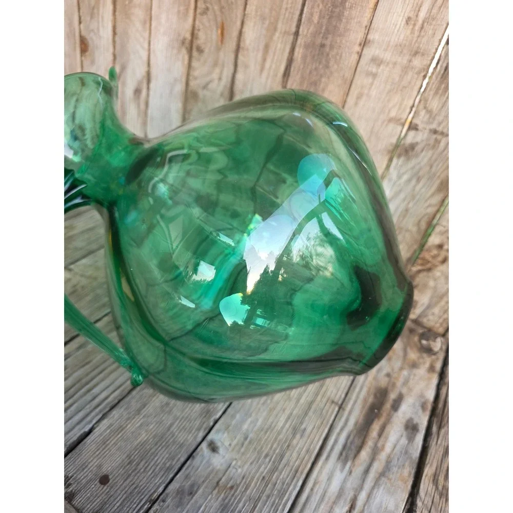 Vintage Emerald Green Hand Blown Glass Pitcher Optic Rib Mid Century Modern 15